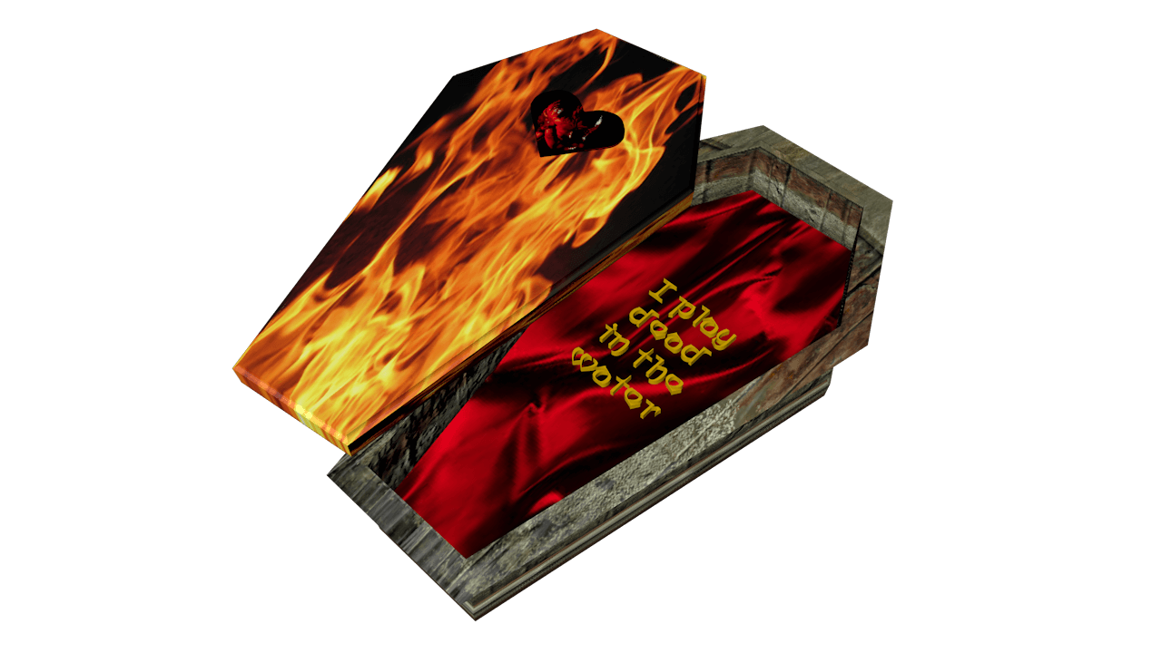 a wooden coffin with flames and a heart on the lid; the lid is pushed open and the inside is lined with red velvet. the coffin is floating in the ocean.